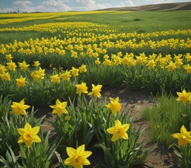 Obraz premium Lush green field awash with bright yellow daffodils blooming under a sunny sky , image, green, texture