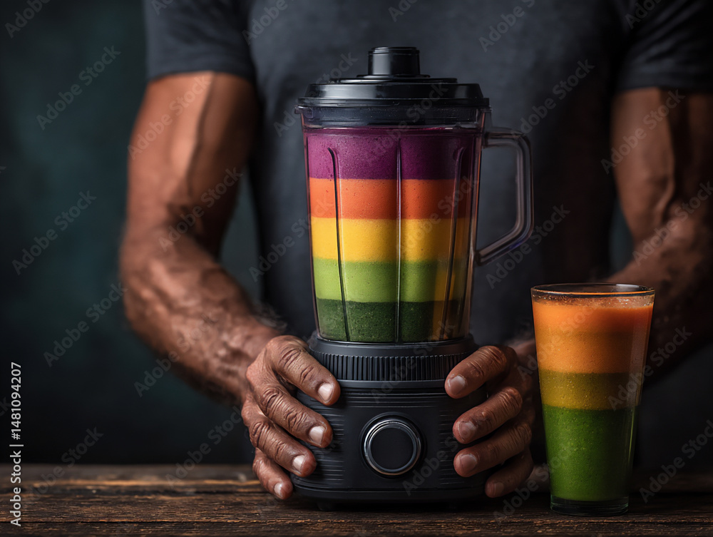 Poster close-up of hands adding rainbow-colored fruits into a blender, with a finished colorful smoothie in