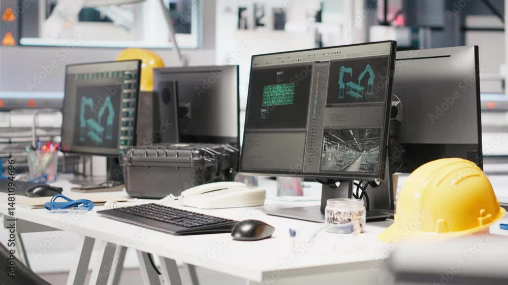 Poster pc on desk in empty photovoltaics factory used for data analysis and reviewing system metrics for th