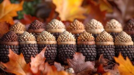 Acorn caps natural arrangement displaying texture variety and color transition from tan to chocolate brown with autumn forest background