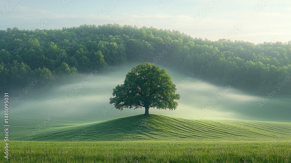 Poster single tree in a misty field with a backdrop of green hills