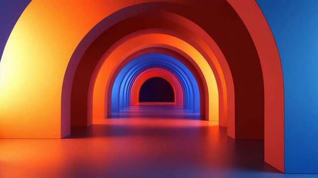 Vibrant arches illuminated in warm and cool tones highlight a modern architectural design