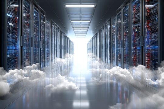 Futuristic data center with cloud integration.