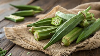 fresh green okra, wood table, rustic, natural lighting, detailed, vibrant colors, close-up, sharp focus