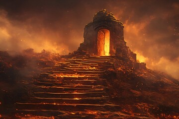 Gateway to hell concept. Fiery portal in ancient stone arch, dark fantasy landscape with lava and flames. Eerie supernatural scene for horror game or movie visual