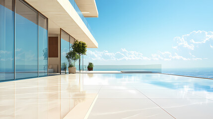 Fototapeta premium Empty terrace in a luxury property, bright sunlight reflecting on polished floors, seamless views of clear blue skies. [Mirrored Realms] | Polished Sky | clear illusion. Illustration