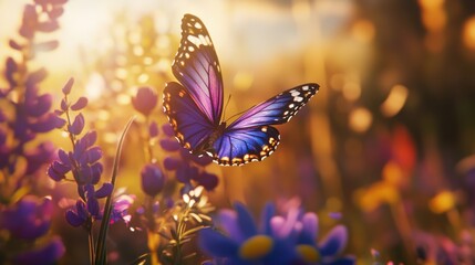 Magical Sunset Butterfly in a Meadow of Purple Flowers