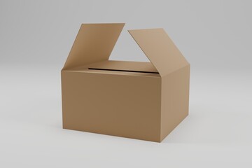 A cardboard box is open and sitting on a white background. The box is brown and has a rectangular shape