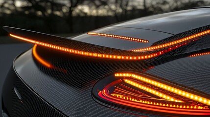 Sleek rear spoiler with integrated LED taillights on a carbon fiber sports car