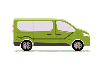 Vector modern minivan with sliding doors. Family, tourist car, city minibus, work transport of plumber, chimney sweep, painter, electrician, repairman. Cute illustration isolated on white background.