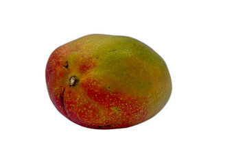 Ripe mango with red and green skin on a white background.