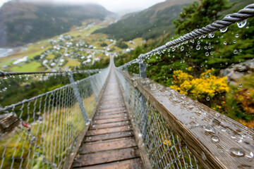low angle photograph of a rain-soaked suspension bridge glistening in the dim light of a cloudy day, raindrops visible on the wooden planks and railings,