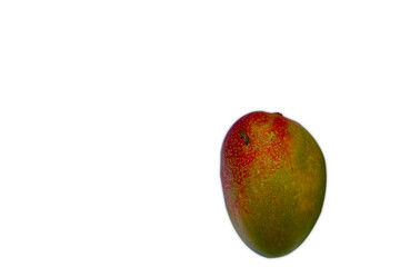 A close-up photograph of a single mango with a gradient of green to red colors, smooth texture, and vibrant hues, isolated on a white background.