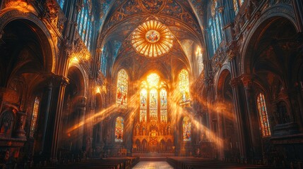 Obraz premium Majestic cathedral interior, sunbeams illuminating stained glass (1)