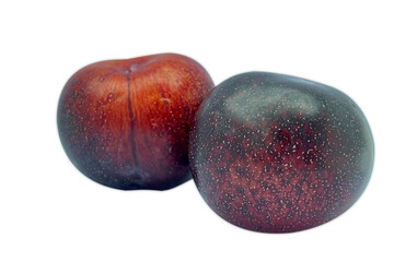 Two ripe, vibrant plums with speckled skin on white background.