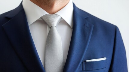 Elegant Men's Suit Detail: Close-up of a Navy Blue Suit with a Silver Tie