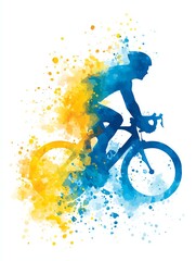 silhouette of a cyclist riding fast, blue and yellow watercolor splatter background, dynamic sports energy illustration