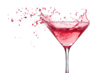 Splashing pink cocktail in martini glass with dynamic motion, cut out - stock png.