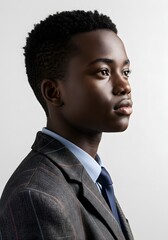 Obraz premium Stock photo of young african american man in suit and tie looking to the side on white background