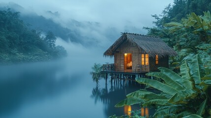 Fototapeta premium Misty mountain cabin by tranquil lake