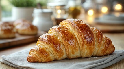 Fresh, golden croissant on a linen napkin