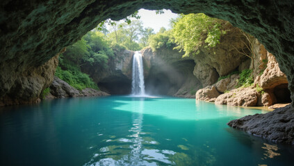 Naklejka premium Luxurious Teal Water Cave Entrance to Emerald Jungle, Stunning Nature Photography for Travel, Adventure & Wellness Brands