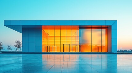 Modern architectural building, vibrant sunset hues
