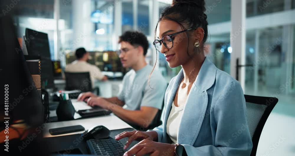 Poster Computer, reading and thinking with programmer woman at desk in office as graphic designer for software development. Coding, ideas and programming with developer or engineer at work for engineering