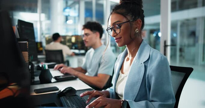 Computer, reading and thinking with programmer woman at desk in office as graphic designer for software development. Coding, ideas and programming with developer or engineer at work for engineering