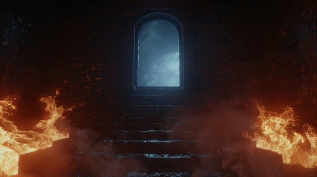 Dark cavern with fiery stairway leading to glowing doorway. Eerie infernal landscape for fantasy game or book cover design. Otherworldly underworld concept art. - Powered by Adobe
