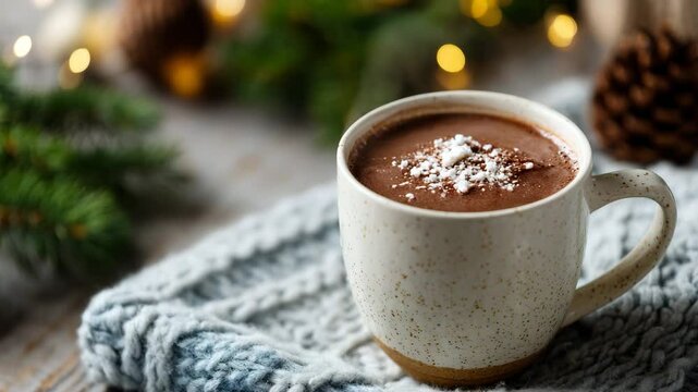 A cozy cup of rich hot chocolate topped with whipped cream and dusted with snowy powder, set among festive decor, symbolizing warmth and comfort during colder seasons.