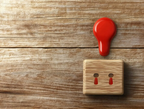 Creative red seal on a wooden surface near a wooden electrical outlet showing a playful design concept