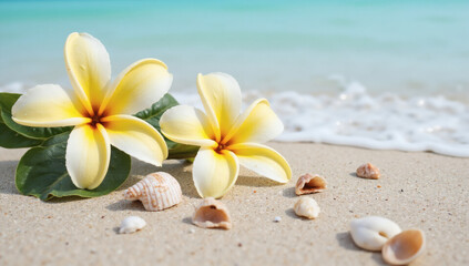 Luxury Tropical Beach Aesthetic White Plumeria Flower & Seashells on Golden Sand – Serene Paradise, Summer Vacation, Exotic Getaway, Premium