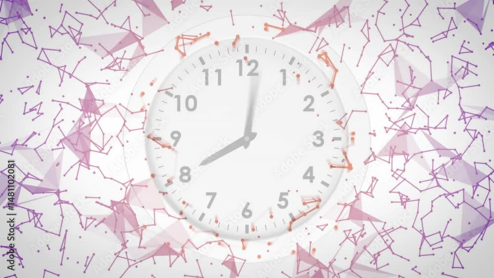 Poster central analog clock featuring floating pink and purple network nodes forming polygonal mesh shapes