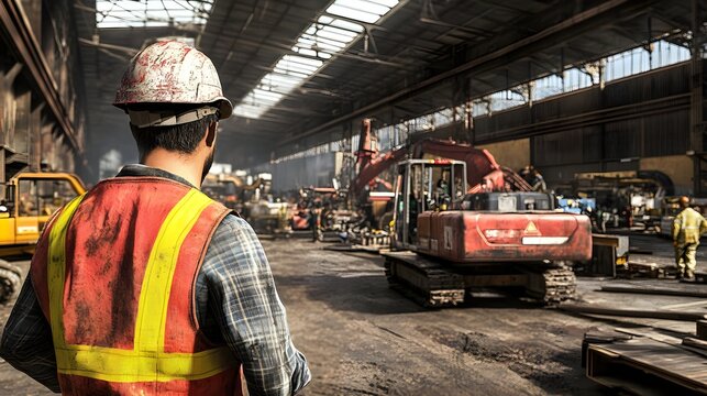 Industrial Worker with Back Pain in Large Warehouse Environment