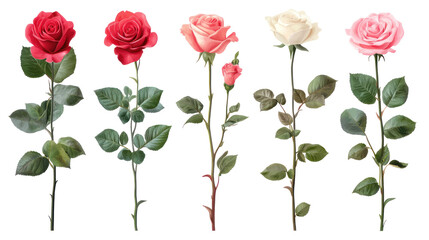 Collection of Pink, Red, and Cream Rose Stalks Isolated on Transparent Background

