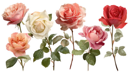 Collection of Pink, Red, and Cream Rose Stalks Isolated on Transparent Background

