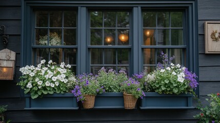 Fototapeta premium Dark window box planters filled with white and purple flowers