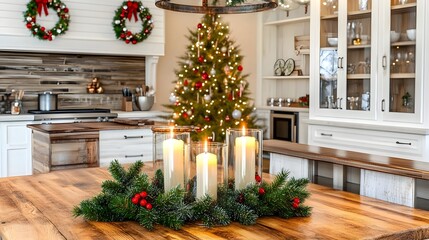 Cozy Christmas Kitchen Decorated with Tree and Festive Candles