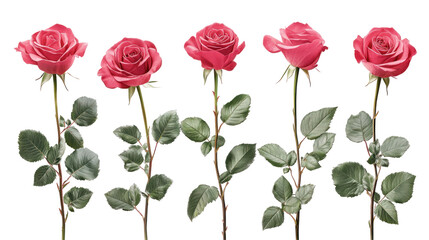 Collection of Pink, Red, and Cream Rose Stalks Isolated on Transparent Background

