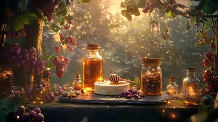 Elegant Cheese Platter with Honey and Nuts on Slate in Nature