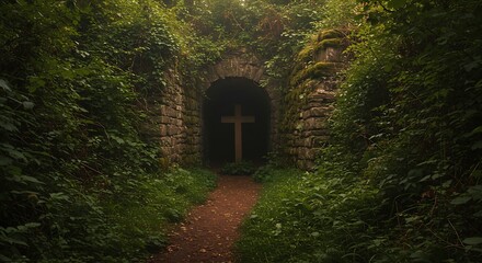 Fototapeta premium Tunnel entrance covered in greenery leading to a dark cross inside