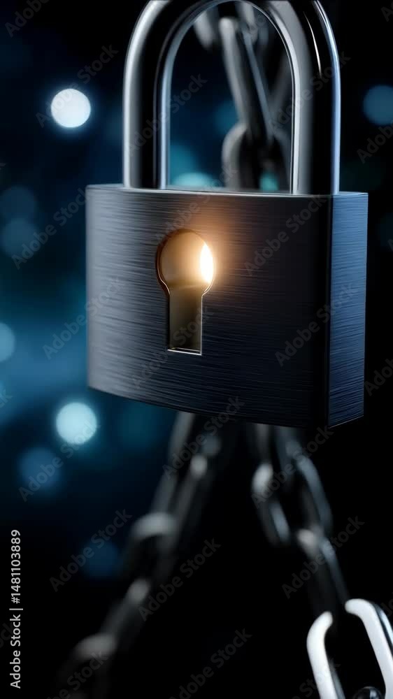 Poster Padlock and Chain with Glowing Keyhole, Security Concept for Data Protection and Encryption, Metallic Texture and Dark Background