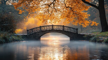 Autumnal park bridge over a misty canal