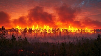 Forest ablaze at sunset