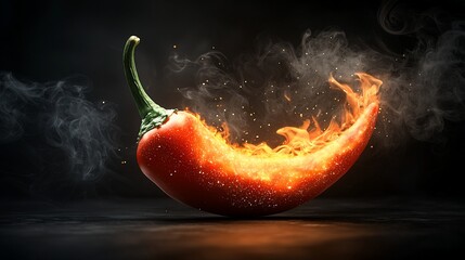 Flaming red chili pepper with smoke & embers