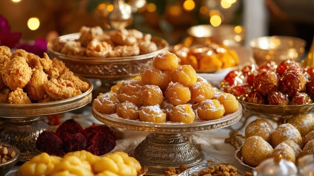 A Luxurious Festive Dessert Spread: A delectable array of gourmet pastries and confections, beautifully arranged on ornate silver platters, creating a visually stunning and festive centerpiece.