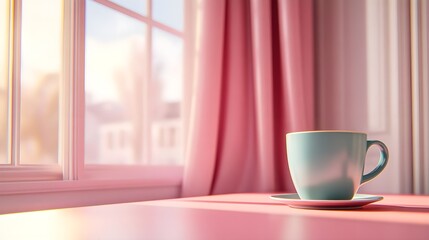 Coffee Cup on Pastel Pink Table with Soft Natural Light from Window