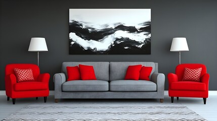 Moody Living Room with Gray Sofa and Red Armchairs