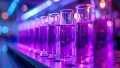 Vibrant Lab Test Tubes with Purple Liquid Under Neon Light